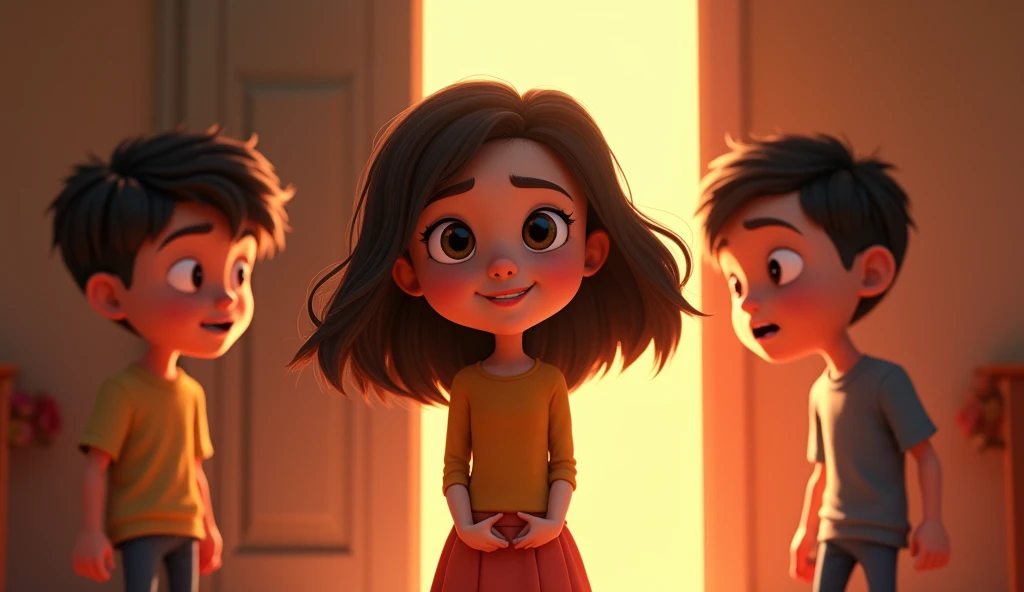 One girl, two boys he is best friend and 2. 3D cinematic realistic cartoon style 

 As soon as Sona said this, the walls of the room began to shake, and suddenly the door flung open.
