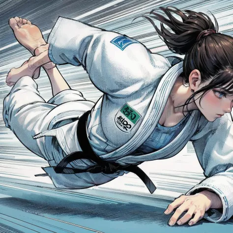  masterpiece, (textured skin), best quality, gorgeous beautiful girl, (a female judo athlete), detailed clothes,large breasts,narrow waist,, (beautiful face), cinematic lighting, (at judo venue ),