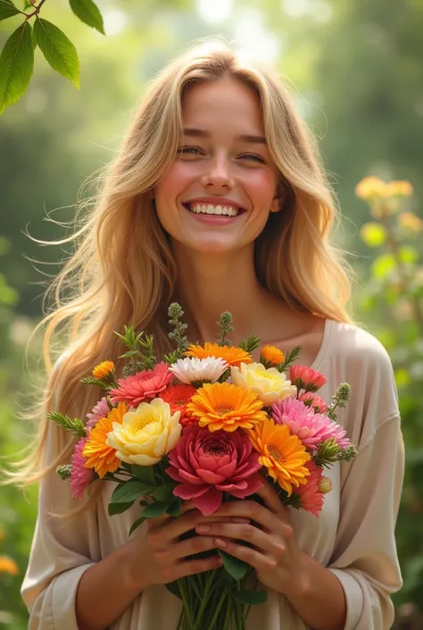 Beautiful blonde girl happy with a bouquet of flowers