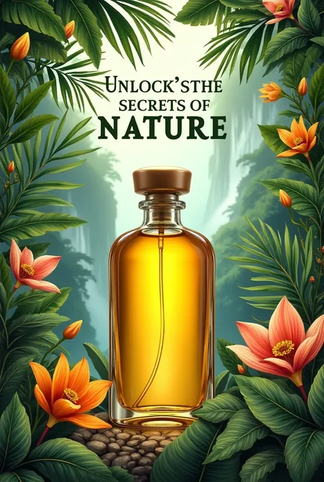 A natural hair oil social media post design with a tropical rainforest background saying "Unlock the Secrets of Nature" in the style of vibrant botanical.