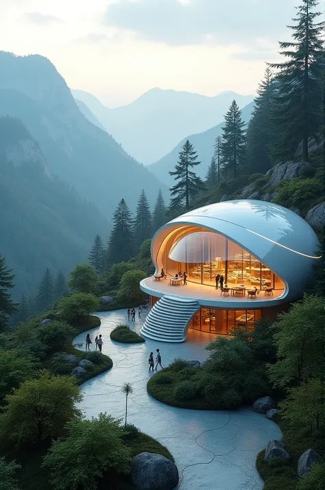 Design a futuristic, high-tech learning center nestled within a serene mountainside. The building takes the shape of a sleek, glass dome with an organic, fluid form, blending seamlessly into the natural surroundings. Inside, the space is illuminated by sof...