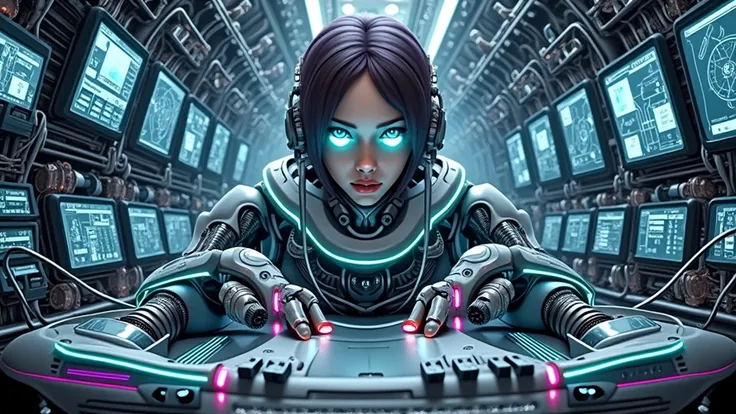 e replaced by glowing neon tubes and mechanical components, blending seamlessly with the rest of her robotic body. Her neck, shoulders, and arms should feature exposed robotic parts, with visible circuits, wires, and metallic surfaces. The environment shou...