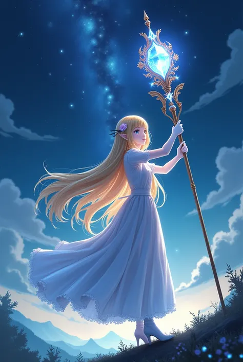 Night sky，Golden long hair elf anime girl，White Gloves，Huge Gem Staff