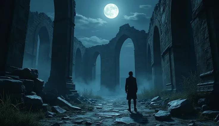 Inside the ruin, where Vijay stands, feeling a cold breeze sweep past him. night scene 