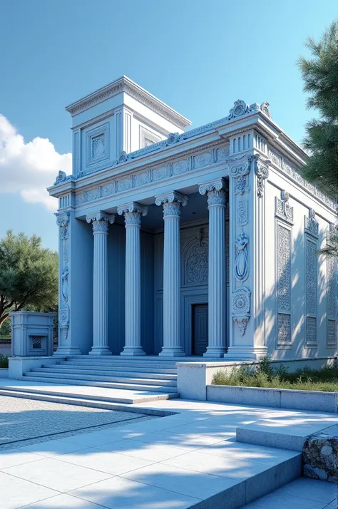 Create a 1 story building in which the building should represented types of sports and the building should be in Blue shade of Color and it should have a sense of Greece architecture 