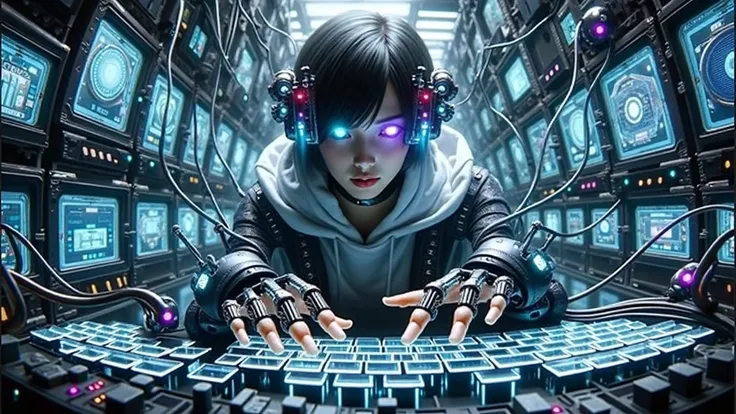 Generate a hyper-realistic bust-up portrait of a Japanese woman in a cyberpunk environment. Her face should remain fully human with soft, natural features, but her hair should be replaced by glowing neon tubes and mechanical components, blending seamlessly...