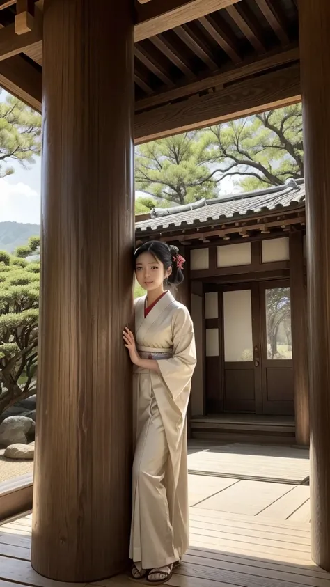 A scene where Sei Shonagon is peeking from behind a large wooden pillar, with the pillar in the foreground and Sei Shonagon standing behind it. She is dressed in a modest yellow kimono, and only her face and a bit of her upper body are visible as she gentl...