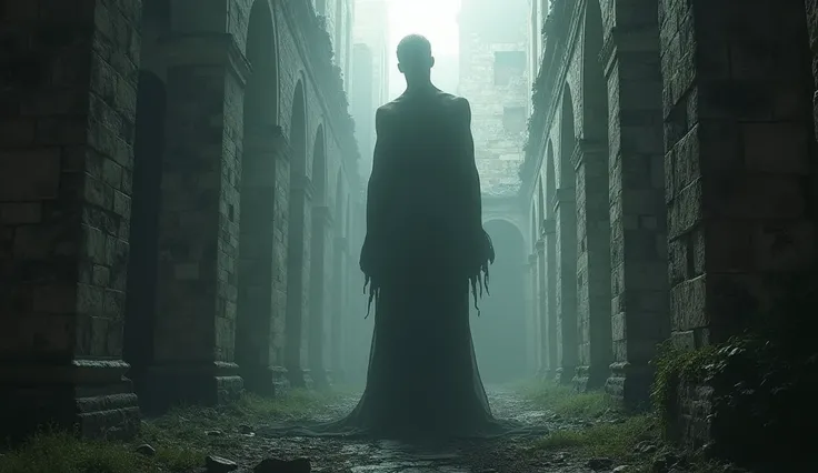 A shadowy figure on the wall of the ruin, with no face, resembling a tall human silhouette.