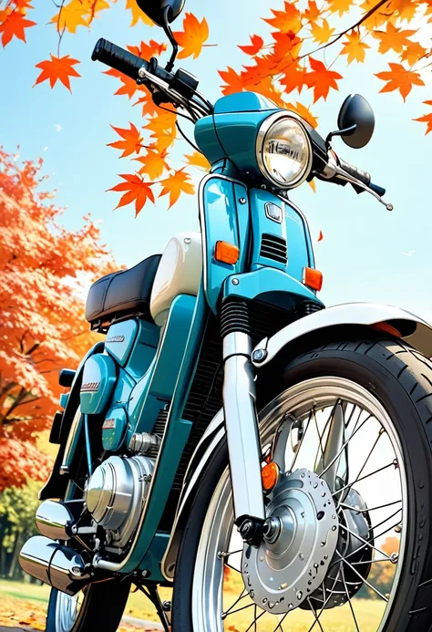 (Masterpiece, BestQuality), (HONDA SuperCub110), Beautiful Detailed bike(SuperCub),Clear Blue Sky in September, Maple Leaves,retro photo,portrait,