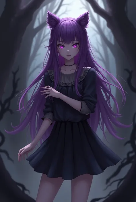 One with bear ears, long purple hair and purple eyes, wearing a black skirt and black blouse 