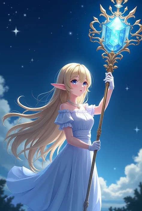 Night sky，Golden long hair elf anime girl，White Gloves，Huge Gem Staff