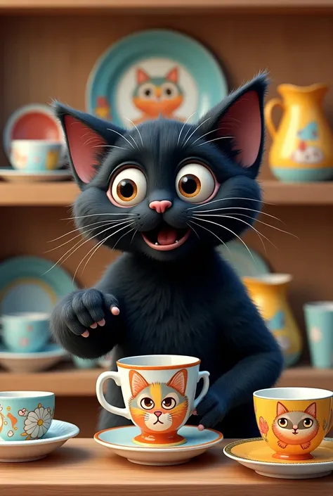 (Christian Lassen Style 1.5)、Sparkling Images、Describe a scene where you can see dishes and cups lined up on a shelf.。On the shelf, a black cat is pointing at a cup with its paws.、He has a surprised look on his face。The cat&#39;s expression is with big rou...