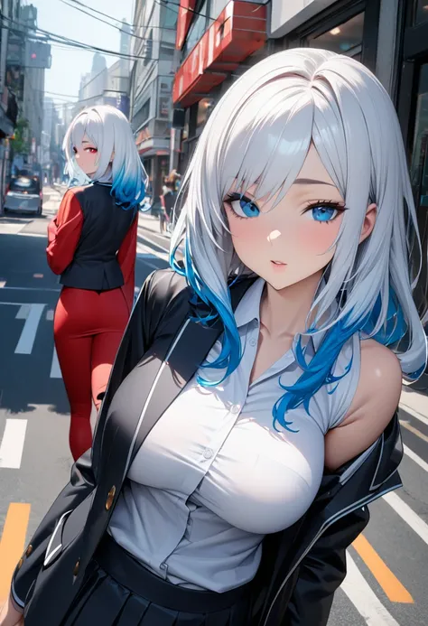 1 girl, very large breasts, tall, ((Student uniform)), ((Long white hair with blue ends)), ((The left eye is red, the right eye is blue.)), ((highest quality)), ((best detail)), ((HD)), ((4K)) , ((bright colors)),   ((Perfect figure)), ((Black jacket)), ((...