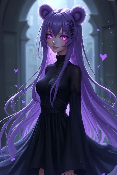 One with bear ears, long purple hair and purple eyes, wearing a black skirt and black blouse. The character is an OC