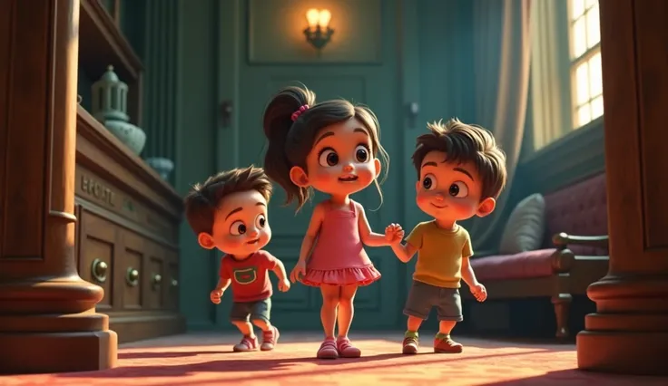 One girl, two boys he is best friend and 2. 3D cinematic realistic cartoon style 

 
 Later, they realized that the mansion’s real secret was that if we stay honest and listen to our conscience, we can overcome any challenge. And he is friend and 2 old