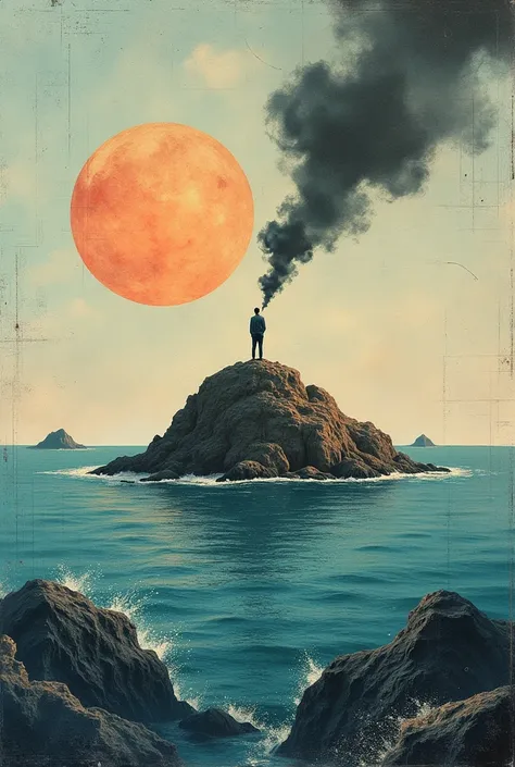 Create a collage using magazines and paper, inspired by the following poem: an island surrounded by a vast sky, a distant man deep in thought, the sound of the ocean waves, with other islands fading in the background. Incorporate a blend of colors and text...