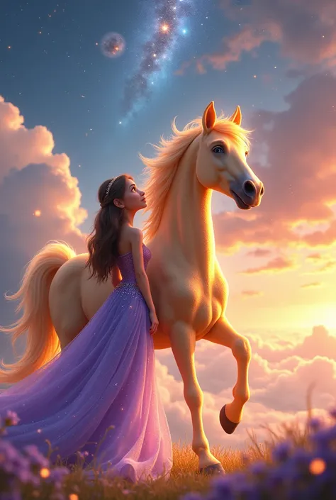 Beautiful girl wearing sparkling  purple dress  and beautiful sparkling golden horse   standing beside girl . Watching sky 3D animation hyper realistic disney cartoon super extra sparkling  cloths