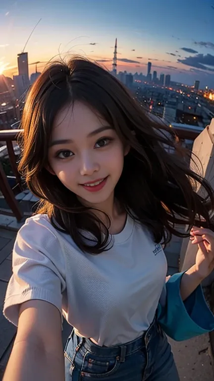 One person, Korean, Fisheye Lens, Selfie, wind, Messy Hair, sunset, Cityscape, (Aesthetics and atmosphere:1.2),smile