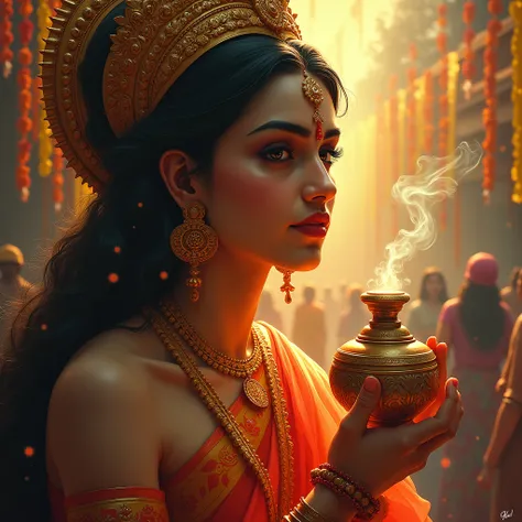 I want such an image in which there is a sense of Durga Pooja and the focus is on Devi Maas face and there is a hand in which a smoking pot is held. 