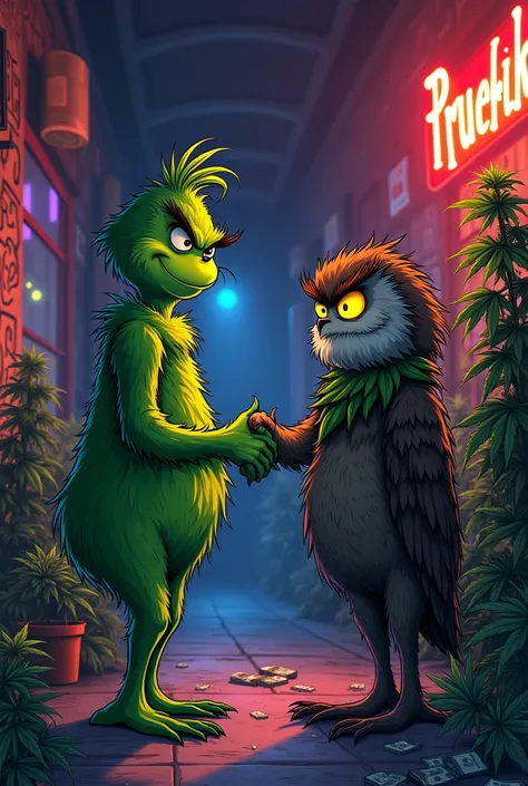 A picture of the Grinch and a wise marijuana owl shaking hands in anime style. Dark and 2D. The owl should look more like cannabis and it should be recognizable that he listens to the advice of the owls and smokes a lot of weed. The background is said to b...