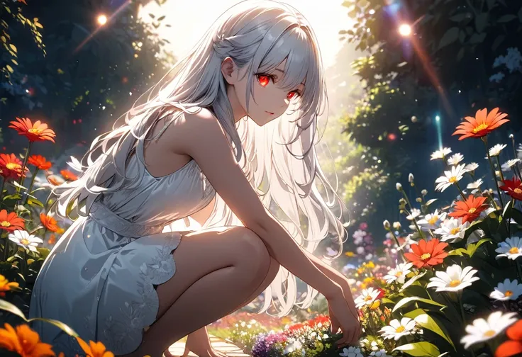 ultra-detailed,cinematic lighting,silver long hair,,red glowing eyes,girly white dress,squat,Lens Flare,multicolored flowers garden,high-contrast

