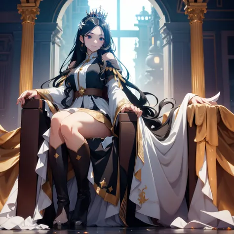 Have long legs，Eyes Wide Open，Crown on head，、A princess of a nation. She has long black hair that reaches down to her feet.，Loose hair，Long, wavy, black curly hair，Wearing black boots，White sleeves，White Skirt，Skirt decorated with ribbons and stars，Beautif...