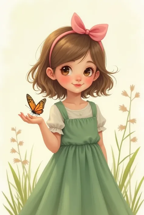 drawing of a girl with a pink bow on her hair, green dress with a butterfly in her hand, brown hair and eyes, image without background