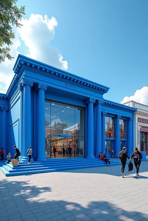 Create a 1 story building in which the building should represented types of sports and the building should be in Blue shade of Color and it should have a sense of Greece architecture. It should be a sports experience centre for decathlon. Show some glass p...