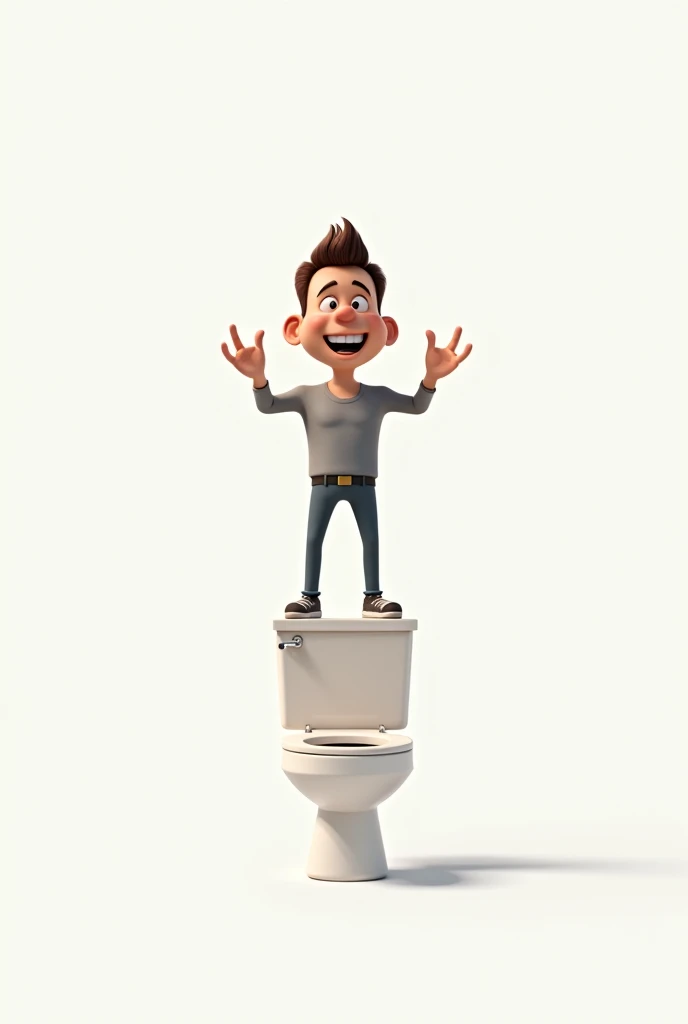 Male character in 2D animation, on a white background standing on top of a toilet