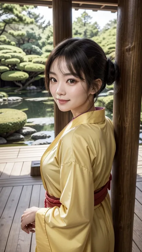 Sei Shonagon is peeking out from behind a large wooden pillar, with only her face and part of her upper body visible. She is smiling softly, dressed in a modest yellow kimono, and her posture is playful yet elegant. Her large almond-shaped eyes and slightl...