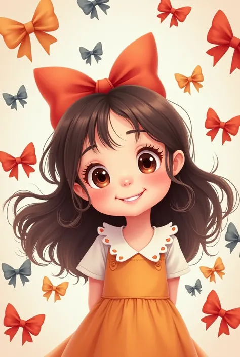 Cute little cartoon girl with long hair and a big bow in her hair and lots of bows around her