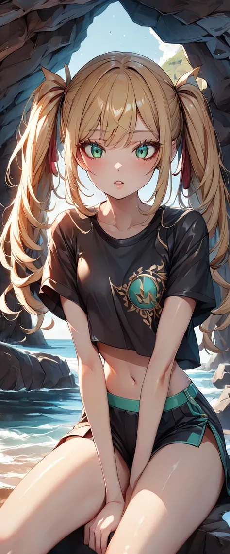 Photo of a girl with natural skin, ((Baby Face)), Round face, A girl wearing mainly black and red, Upper Body, Seaside cave, The light is shining in, High Twintails, Blonde hair, Sharp eyes, Blue-green eyes, Shining eyes, A thin, upturned nose, Well-shaped...