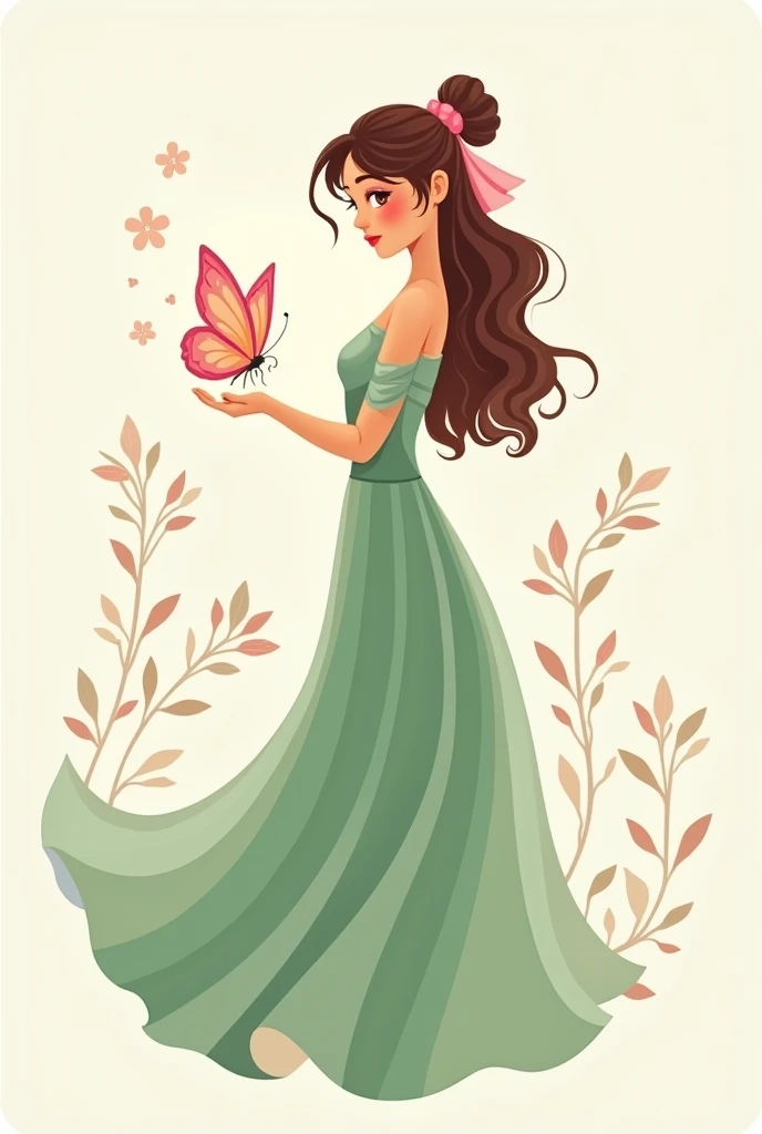 create an art logo in bows with a drawing of a pink bow in long hair green dress with a butterfly in the hand brown hair and eyes image without background