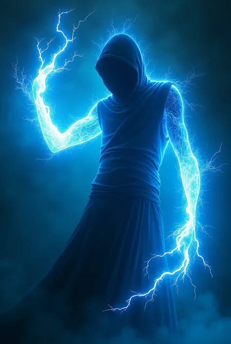 A blue light like lightning was flowing from his arm, swirling like a living thing