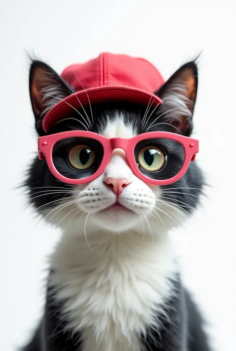 A PORTRAIT OF A CAT NOT REAL, A CAT NOT REAL, WHITE AND BLACK, NOT IN COLOR, A WHITE BACKGROUND OF A CAT WITH A RED CAP AND PINK GLASSES