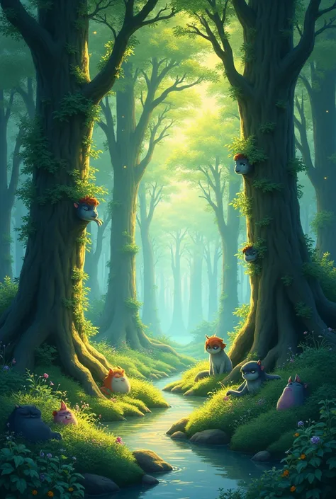  Viral anime nature wallpaper in 4K quality, in the style of digital illustration inspired by Hayao Miyazaki, featuring a serene forest with towering ancient trees, dappled sunlight filtering through the leaves, a gentle stream flowing through the scene, a...