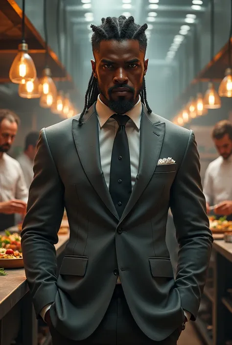 Create a character 
Black skin 
Dreads fade hairstyle 
Light brown eyes 
198 cm tall
Gray suit 
Smoking weed 
Face hair cut shot well trimmed 
In a kitchen judging some chiefs food