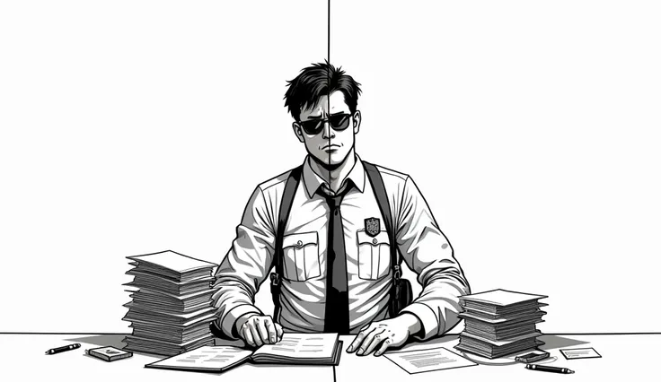 Create a black and white manga style image with, Monochrome, An image divided in half. on one side, a person with a tired expression, full of paperwork and a badge on the chest (representing CLT), and the other, the same person smiling, wearing sunglasses ...