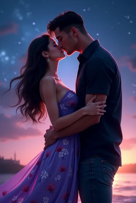 A beautiful girl in purple floral sundress kissing the handsome tall sexy mans lips who is wearing black button up t-shirt and jeans . Background at night sky