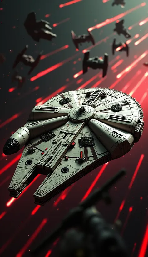 The Millennium Falcon, sleek and battle-worn, zooms through space, locked in an intense dogfight with Imperial TIE Fighters. Bright red and green laser blasts fill the scene as the Falcon maneuvers sharply, dodging enemy fire with expert precision. The sta...