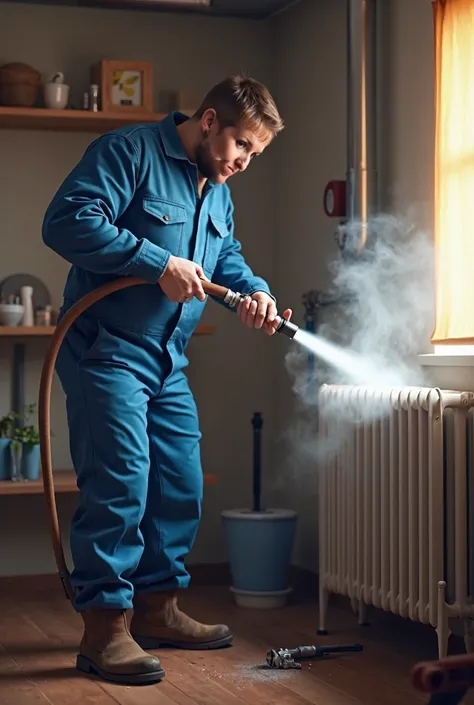 Plumber heating a radiator with a hot water jet