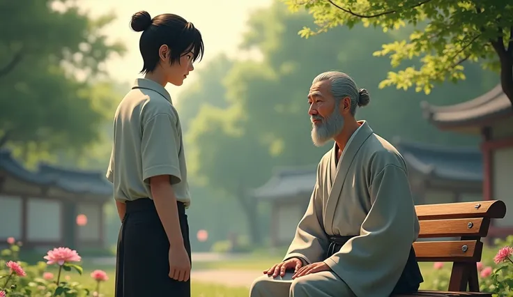 "Hiro, 24, with frustration clear on his face, approaches Master Kenji, a 70-year-old man with neatly tied grey and black hair and a short grey beard. Kenji wears a light grey robe, sitting calmly on a wooden bench in the temple garden. The flowers around ...