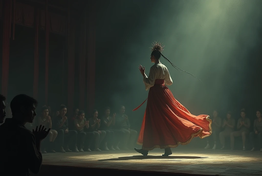 A Dunhuang dancer is dancing on the right side of the stage and on the left side of the stage the audience is applauding. drawn in the style of the darkest dungeon game. The light shines from the upper left onto the dancer standing on stage. Dancers stand ...