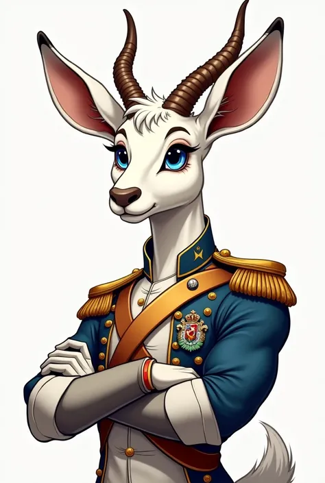 Gazelle pelage blanc masculine en treillis militaire français qui montre ses biceps qui tend la main en portrait , l’air sympathique, type dessin  yeux bleu petites oreilles