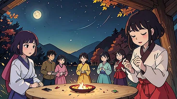 "group of friends in colorful hanbok, making wishes under the bright full moon, Chuseok holiday, open field, clear autumn night sky, glowing moonlight, traditional Korean elements, quiet and serene atmosphere, sense of unity and hope"