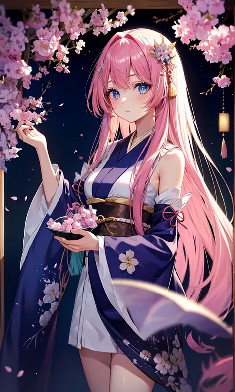 masterpiece, best quality,lacus-bk, 1girl, solo, long hair, pink hair, very long hair, blue eyes, hair ornament, japanese clothes, detached sleeves