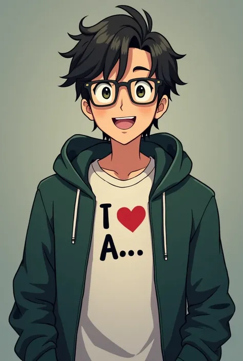 anime nerd man wearing hoody dark green shirt printed "I LOVE A"