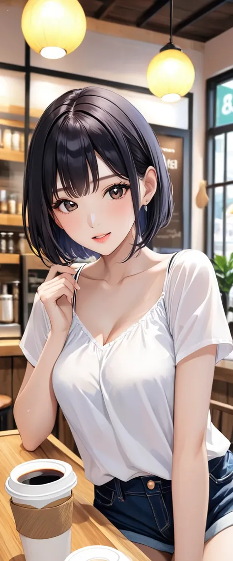 1 female、One person、Beautiful black hair、Short Hair、(White blouse)、(Shorts)、（Simple）、Beautiful breasts、Front、（Sweating）、((Simple))、(Coffee shop)