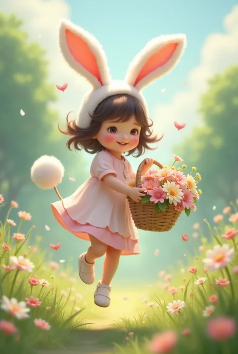 A girl with soft bunny ears and a fluffy tail, dressed in pastel colors with a playful personality, hopping around with a basket of flowers.