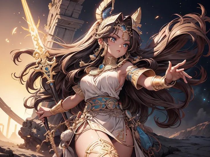 high quality:1.2, Very detailed, up to date, A lonely look, Ultra-high resolution, High Contrast, masterpiece:1.2, 最high quality, Best aesthetics), cute,Brown hair and Egyptian costume、Cleopatra、A young samurai girl holding a dagger in front of her, Blue p...